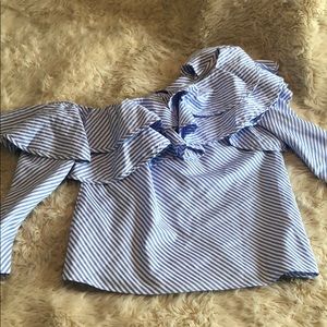 Blue and white striped one shoulder top